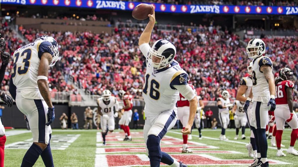 Jared Goff celebrates a touchdown during the LA Rams’ win over the Atlanta Falcons. Photograph: Carmen Mandato/Getty