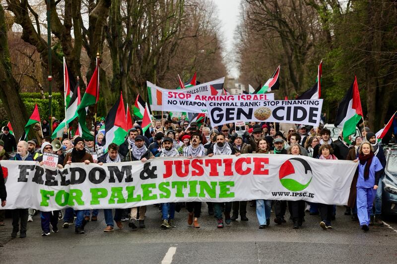 The Ireland-Palestine Solidarity Campaign holding a March to the US Embassy in Dublin to voice Irish opposition to US President Trump's plan for Gaza.Photograph: Alan Betson/The Irish Times