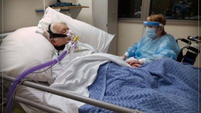 Marie Lalor visits her husband, Peter, in the Mater hospital hours before he died in February. Marie was also a patient there at the time