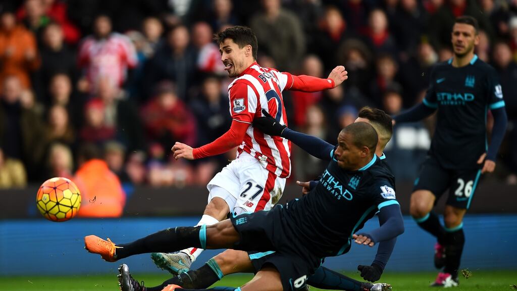 Stoke City’s Bojan Krkic of Stoke City shoots at Manchester City’s goal during the English Premier League match at Britannia Stadium last week. Photograph: Getty Images.