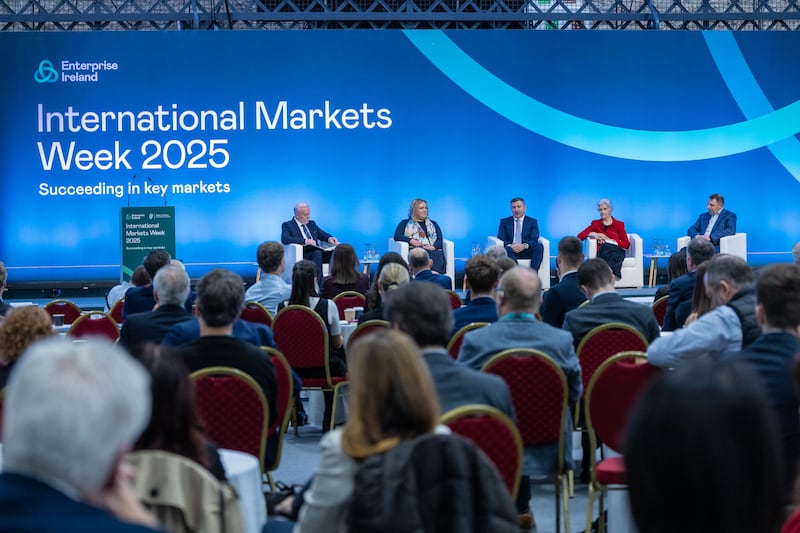 L-R: Richard Curran (moderator), Ruth Mackey, CSO and co-founder, Mbryonics, Declan Wynne, MD Europe of H&MV Engineering, Prof Frances Ruane, chair of the National Competitiveness and Productivity Council, Brendan Noud, CEO and co-founder of LearnUpon. Photograph: Orla Murray/Coalesce