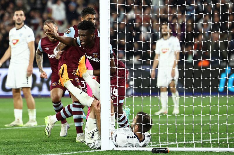 West Ham United's Ghanaian midfielder Mohammed Kudus celebrates his goal at the London Stadium. Photograph: Henry Nicholls/AFP via Getty Images