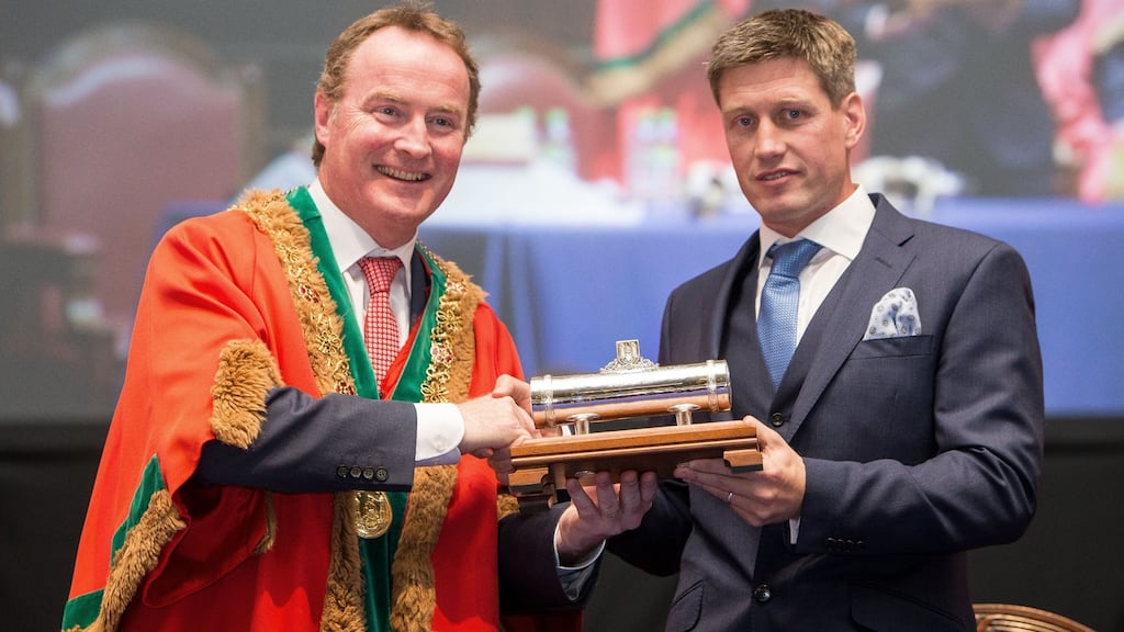 Lord Mayor of Cork Des Cahill awards former Ireland and Munster outhalf Ronan O’Gara the Freedom of Cork at Cork City Hall. Photograph: Gary Carr/Inpho