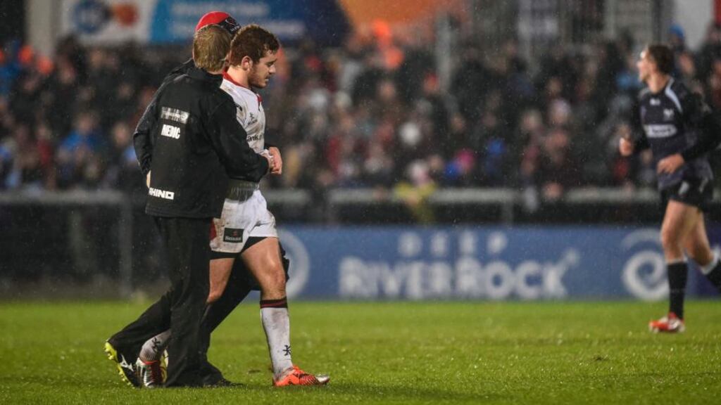 Ulster’s Paddy Jackson goes off with a shoulder injury last Friday night. Photograph: Russell Pritchard/Inpho