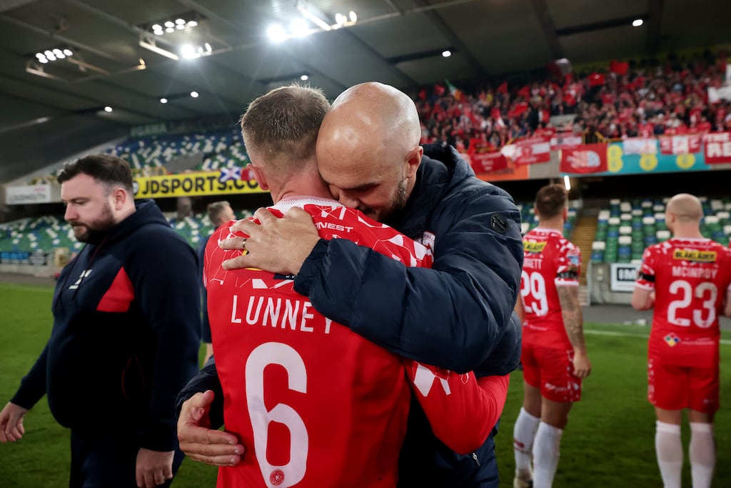 Shelbourne manager Joey O'Brien embraces Jonathan Lunney after qualifying. Photograph: Liam McBurney/PA Wire