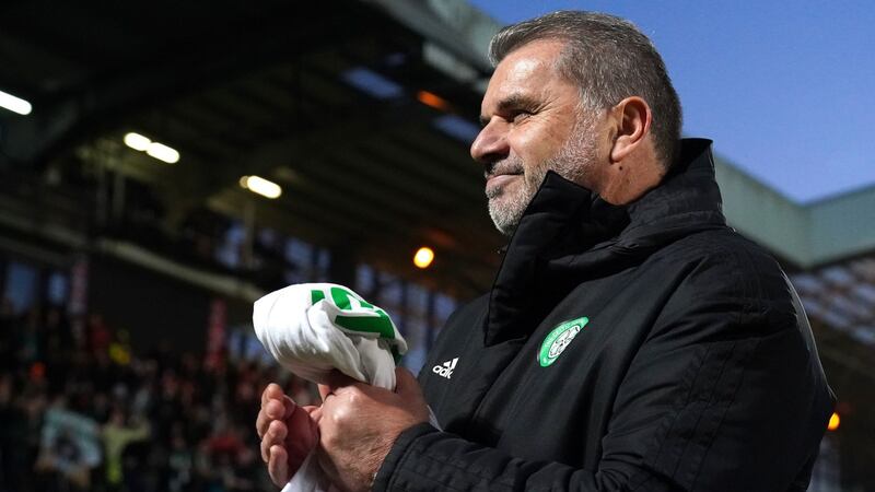 Celtic manager Ange Postecoglou during the title winning celebrations. Photograph: Andrew Milligan/PA