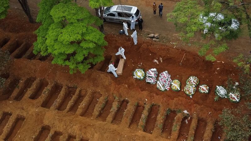 An aerial view of Vila Formosa cemetery as open graves are being prepared on Thursday amid the coronavirus pandemic in Sao Paulo, Brazil. Photograph: Alexandre Schneider/Getty Images