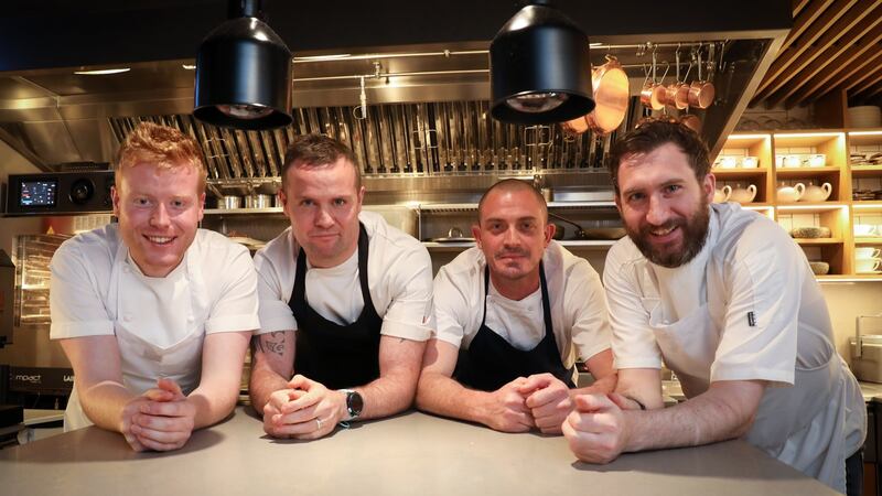 Chefs Mark Moriarty, James Sheridan, Damien Grey and Ciaran Sweeney in Liath, Blackrock, for an Irish Times Food & Drink Club Meet the Chef dinner. Photographs: Crispin Rodwell.