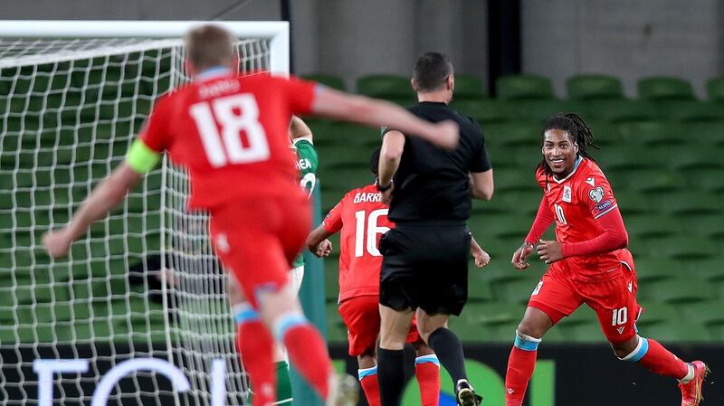 Luxembourg’s Gerson Rodrigues celebrates scoring a goal at the Aviva. Photograph: Inpho