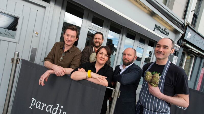 Denis Cotter, Ultan Walsh, Geraldine O’Toole, Dave O’Mahony, Encho Lopez outside Paradiso on Washington Street, Cork. Photograph: Michael Mac Sweeney/Provision