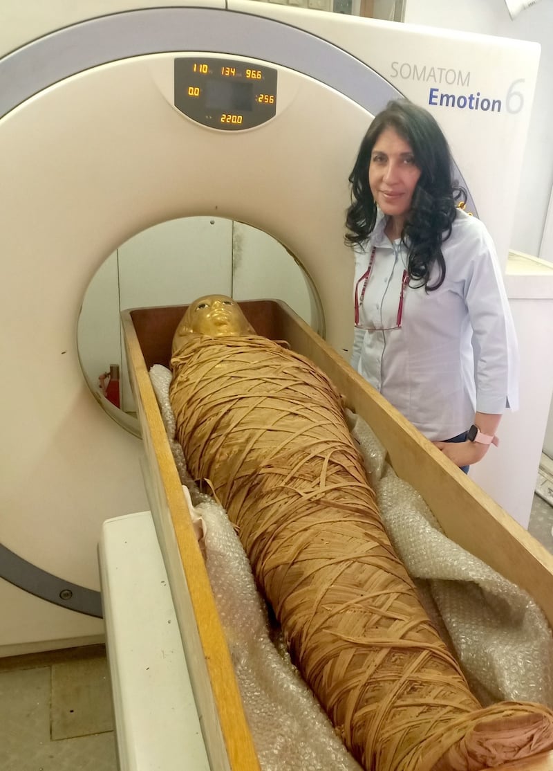 Sahar Saleem, professor of radiology at the Faculty of Medicine at Cairo University and the radiologist of the Egyptian Mummy Project, scanning a wrapped mummy. Photograph: Dr Sahar Saleem/University of Cairo/PA Wire