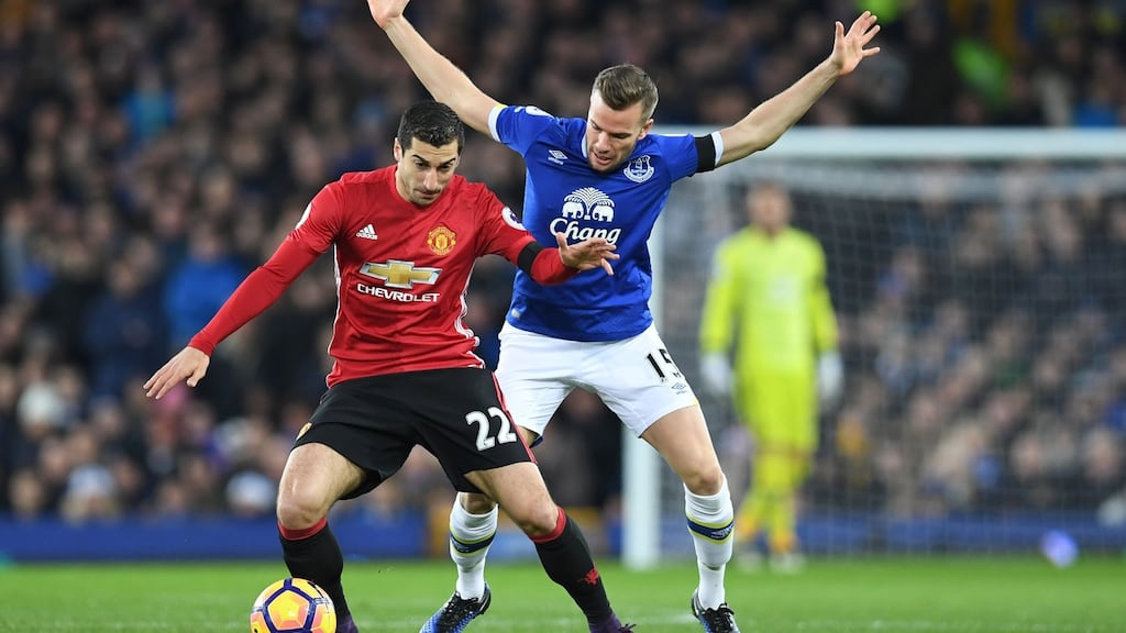 Manchester United’s Henrikh Mkhitaryan shields the ball from Everton’s Tom Cleverley at Goodison Park on Sunday. Photograph: Paul Ellis/AFP/Getty Images
