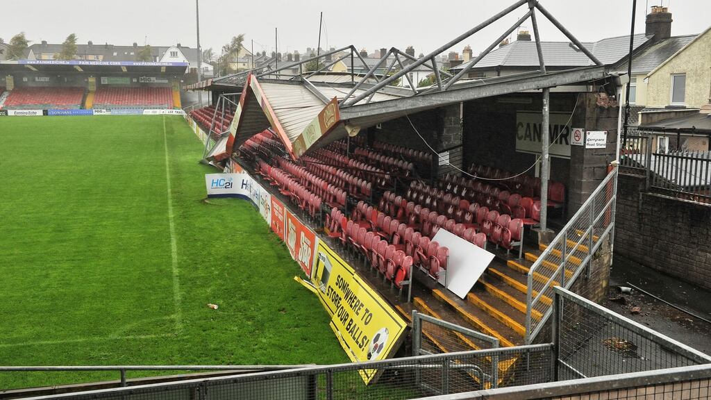 Hurricane Ophelia winds damaged the roof of a stand at Cork City’s Turner’s Cross ground. Photograph: Daragh Mc Sweeney/Provision