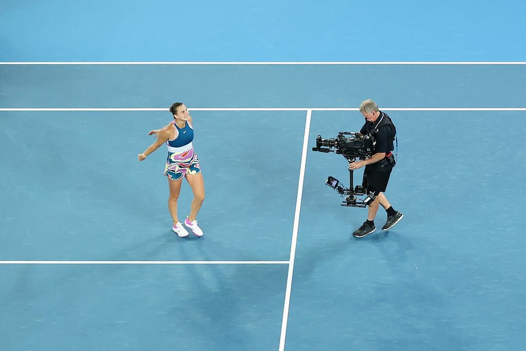Aryna Sabalenka after winning the Australian Open final at Melbourne Park in January. Photograph: Cameron Spencer/Getty Images