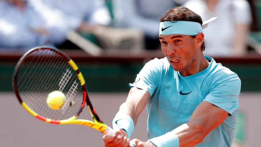 Rafael Nadal plays a forehand to Maximilian Marterer during their men’s round of 16 match during the French Open at Roland Garros in Paris. Photo: Ian Langsdon/EPA