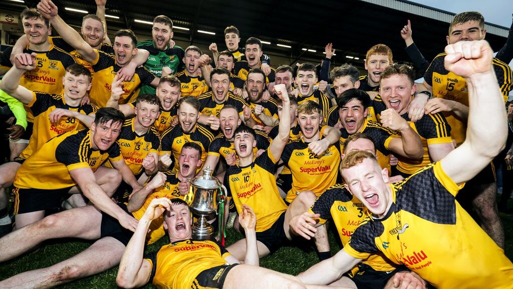 Ramor United celebrate after winning the Cavan SFC Final replay against Gowna at Kingspan Breffni Park. Photograph: John McVitty/Inpho