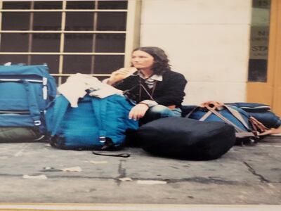 Denyse Woods minding the bags on an early solo trip.