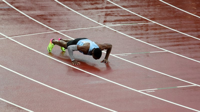 Isaac Makwala celebrates after beating the clock in his solitary 200m heat in London. Photograph: Sean Dempsey/EPA
