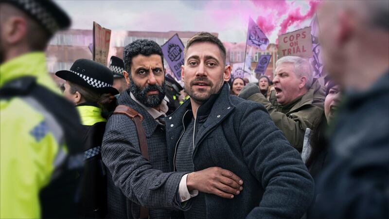 Adeel Akhtar and Michael Socha in Showtrial. Photograph: Peter Marley/BBC/World Productions