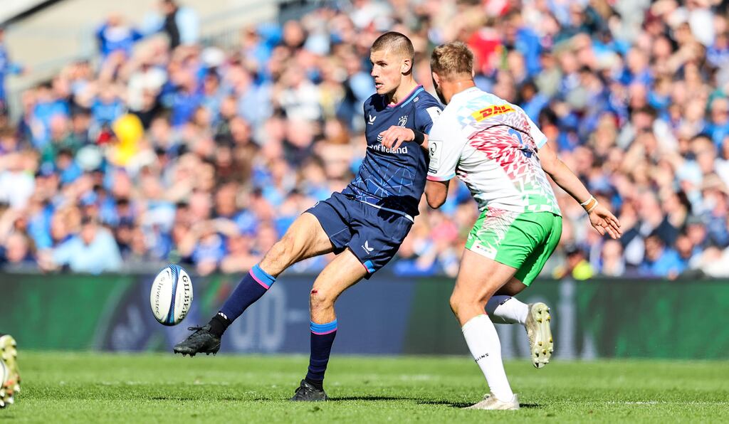 Sam Prendergast was among three Leinster players to score tries before half-time against in their 60-0 win over Harlequins. Photograph: Nick Elliot/Inpho