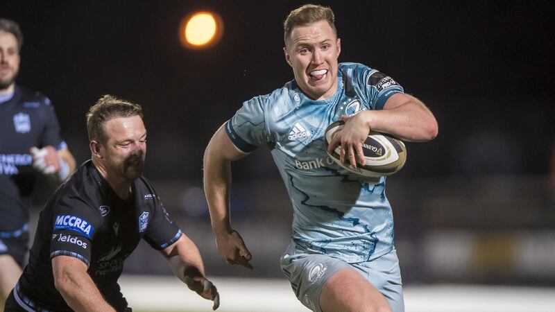 Leinster’s Rory O’Loughlin makes a break during the Guinness Pro 14 game against Glasgow Warriors at Scotstoun. Photograph: Craig Watson/Inpho