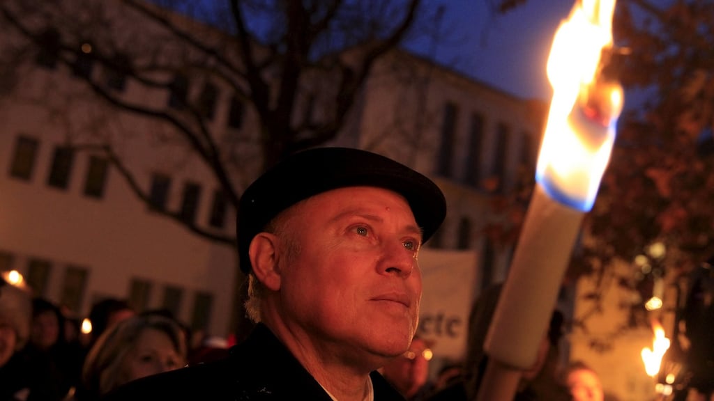 A demonstrator taking part in a protest in Szekesfehervar, Hungary, on Monday against a planned statue of Balint Homan. Photograph: Bernadett Szabo/Reuters