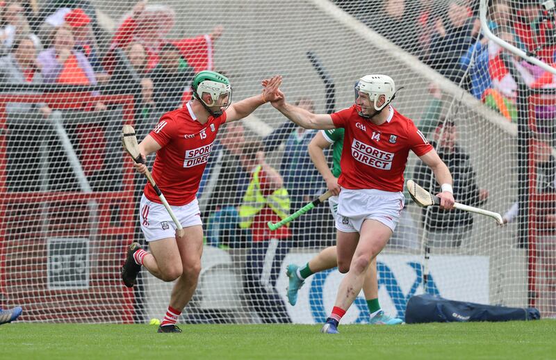 Cork’s Shane Kingston celebrates scoring a goal with Patrick Horgan during the Munster SHC game against Limerick at Páirc Uí Chaoimh in April 2022. Photograph: Bryan Keane/Inpho
