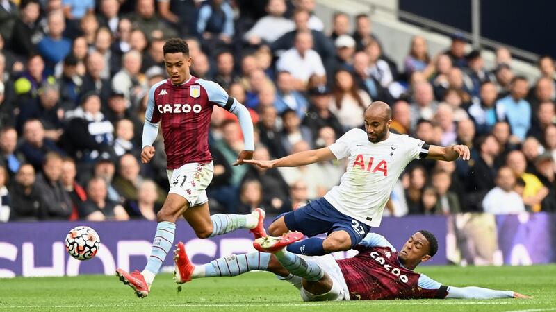 Ezri Konsa challenges Lucas Moura during Aston Villa’s defeat to Spurs. Photograph: Facundo Arrizabalaga/EPA