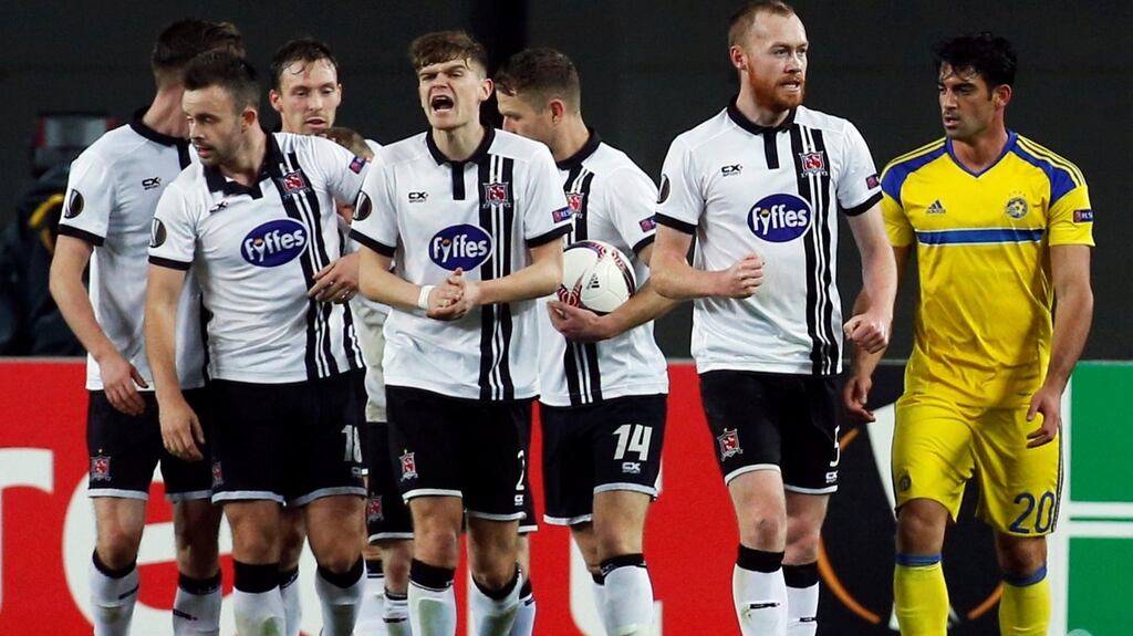 Dundalk players celebrate their goal against Maccabi Tel Aviv v Dundalk at the Netanya Stadium, Netanya, Israel. Photograph: Nir Elias/Reuters
