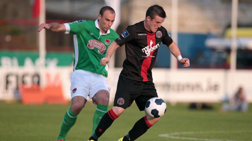 Bohemians goal scorer Steven Beattie wins possession ahead of Cork City’s Dan Murray during their Airtricity League Premier Division match at Dalymount Park, Dublin. Photograph: Inpho