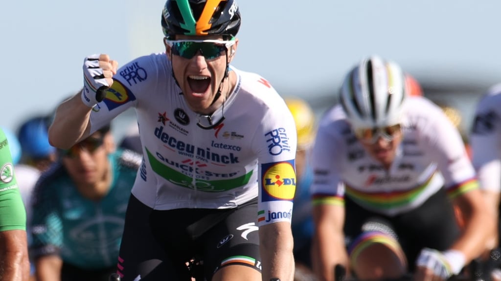 Ireland’s Sam Bennett celebrates as wins his first Tour de France stage and regains the green jersey in Saint Martin de Re. Photograph: Getty Images