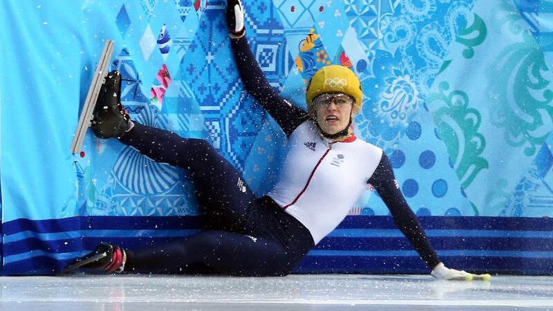 Britain’s Elise Christie crashes out of the 1,000m semi-finals in Sochi. Photograph: Clive Mason/Getty Images