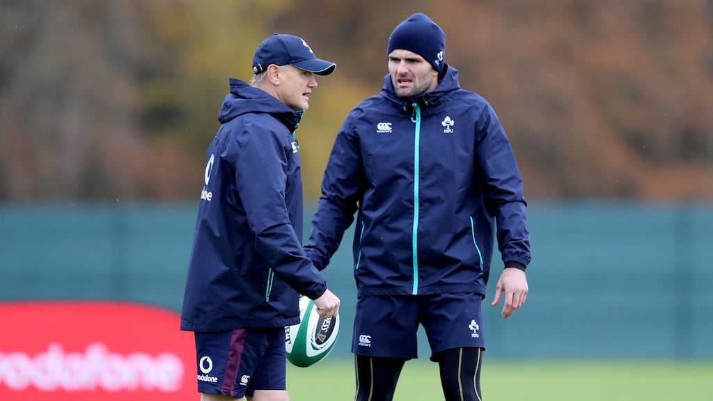 Joe Schmidt with Ulster coach Jared Payne at Carton House. Photograph: Dan Sheridan/Inpho