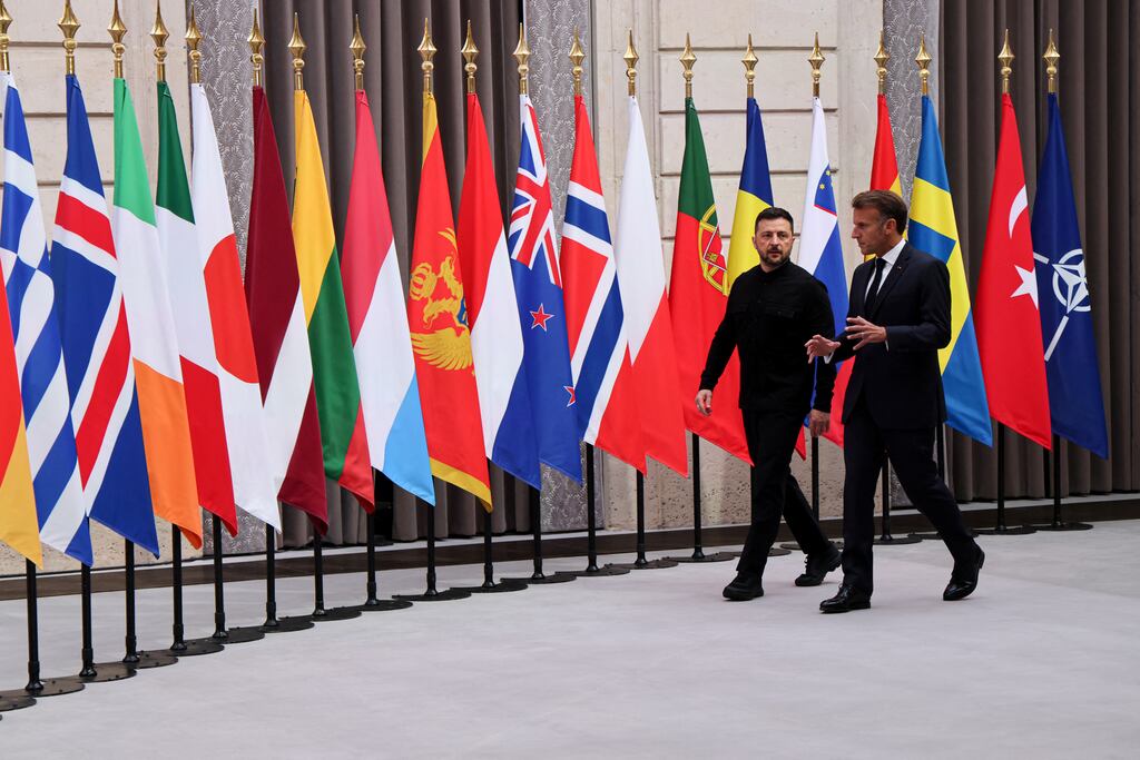 French president Emmanuel Macron and Ukrainian president Volodymyr Zelensky at a summit of the 'coalition of the willing' in Paris. Photograph: Ludovic Marin/Pool/AFP via Getty Images