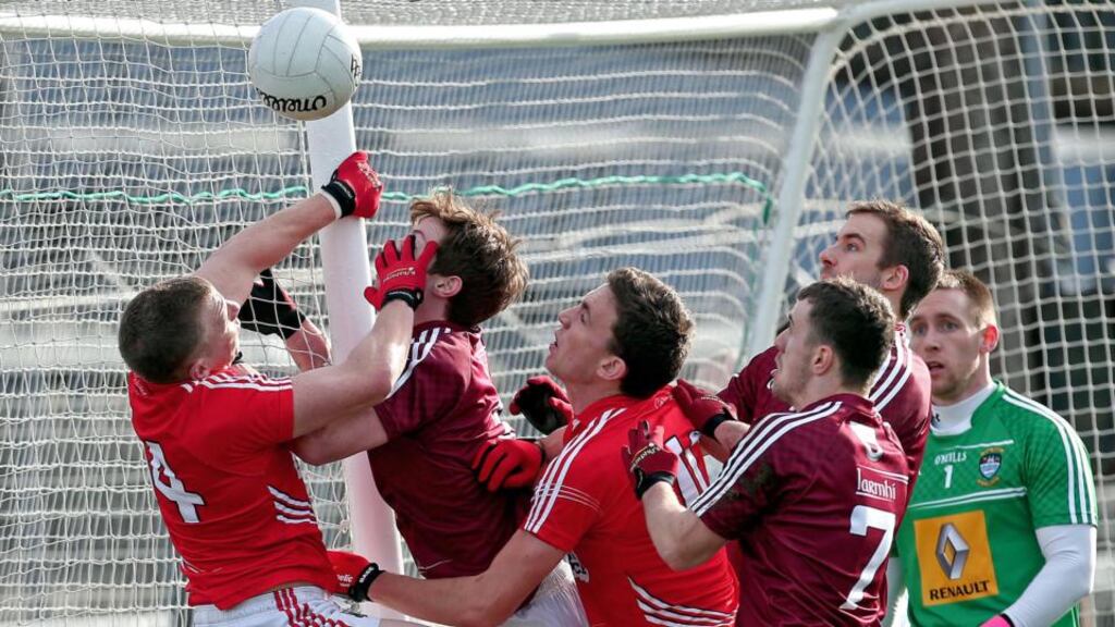 Cork’s Brian Hurley fails to score under pressure from Steven Gilmore of Westmeath. Photograph: Ryan Byrne/Inpho