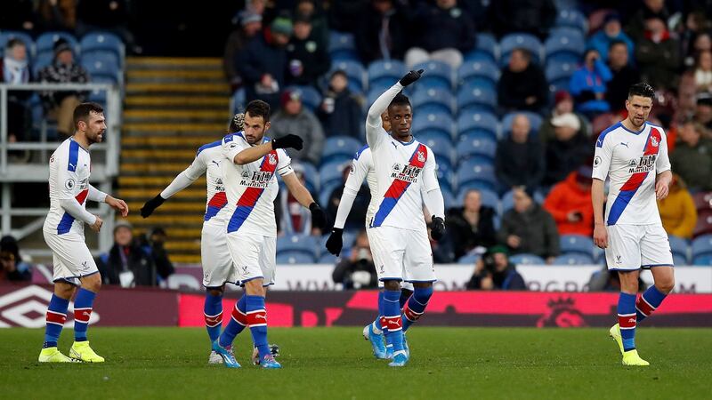 Crystal Palace’s Wilfried Zaha celebrates scoring against Burnley. Photo: Martin Rickett/PA Wire.