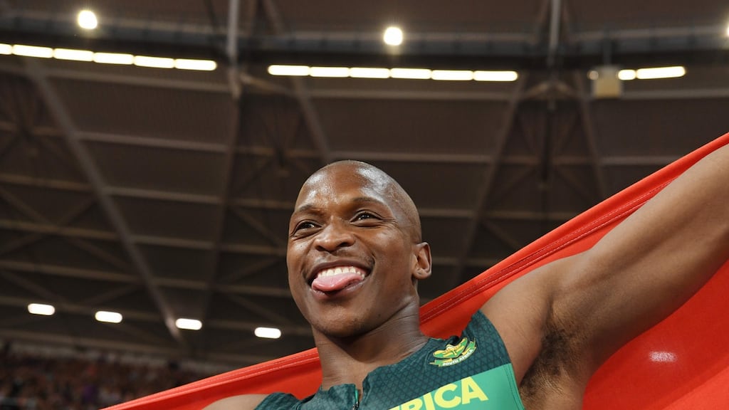 South Africa’s Luvo Manyonga celebrates his gold medal win after the final of the men’s long jump at the 2017 IAAF World Championships in London on Saturday. Photograph: Kirill Kudryavtsev/AFP/Getty Images