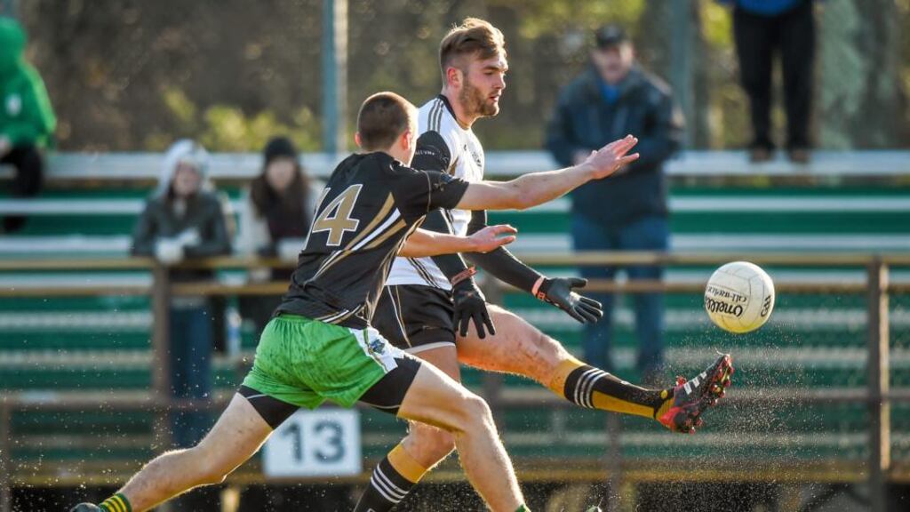Aidan O’Shea, 2013 All Stars, in action against Ciaran McDevitt playing for the 2014 All Stars in Boston. Photograph: Ray McManus / SPORTSFILE