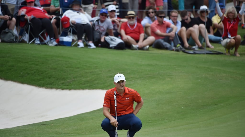 World number one Jordan Spieth of the US lines up a putt on the third day of the Australian Open golf tournament at the Australian Golf Club in Sydney. Photograph: Getty Images