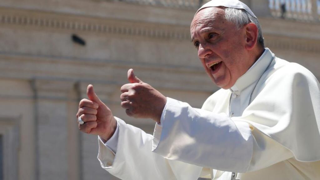 Pope Francis gives the thumbs up during the weekly audience in Saint Peter’s Square at the Vatican today. Photograph: Tony Gentile/Reuters