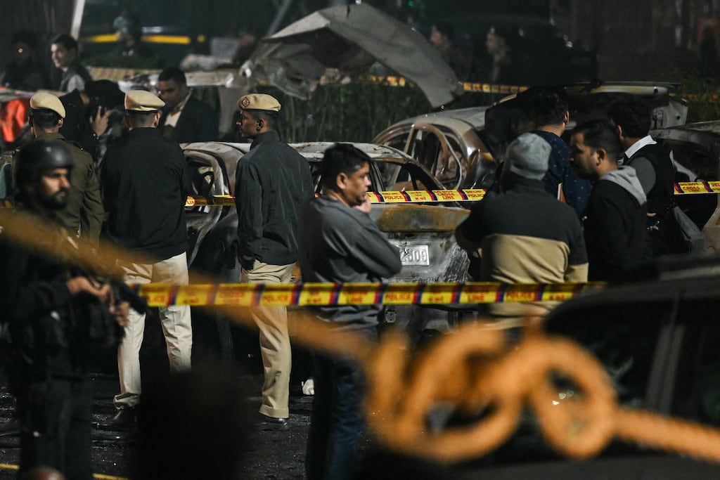 Devastation and the wreckage of several cars could be seen on a congested street near a metro station in the old quarter of Delhi. Photograph: Sajjad Hussain/ AFP/ via Getty Images