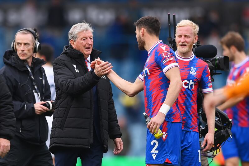 Roy Hodgson with Joel Ward following Palace's emphatic away win at Elland Road. Photograph: Stu Forster/Getty Images