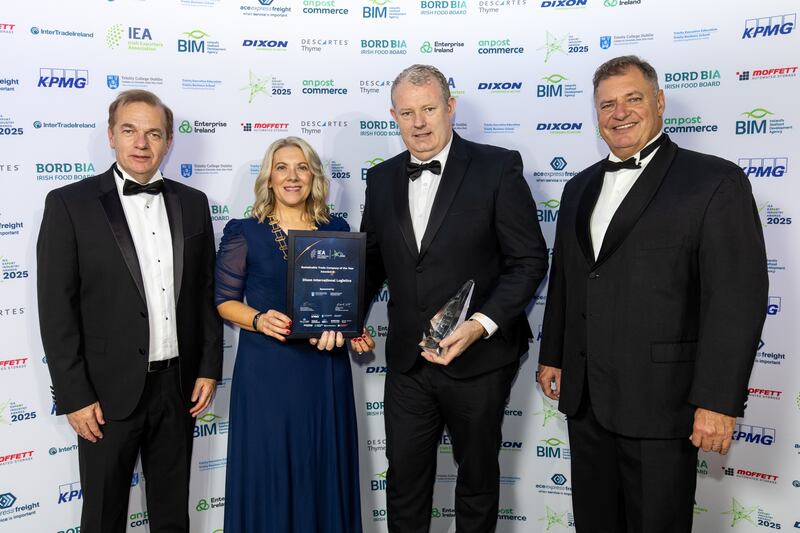 Simon McKeever and Gabrielle White, chief executive and president respectively of the Irish Exporters Association, with Brendan Dixon of Dixon International Logistics, winner in the sustainable trade company of the year category, sponsored by Trinity Executive Education, Trinity Business School, Trinity College Dublin, and Michael Flynn, director of executive education, Trinity Business School. Photograph: Karl Hussey Photography
