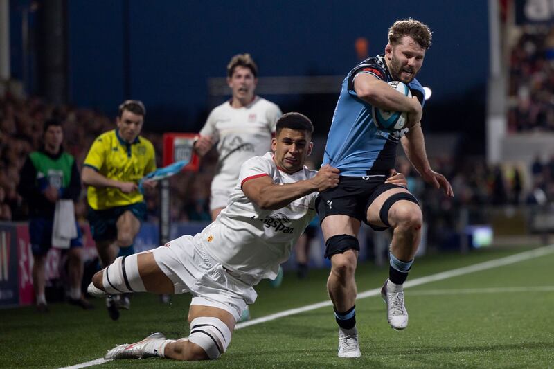 Ulster’s Cormac Izuchukwu making a try-saving tackle on Cardiff’s Thomas Young during their URC match at Kingspan Stadium, Belfast, in April 2024. Photograph: Morgan Treacy/Inpho