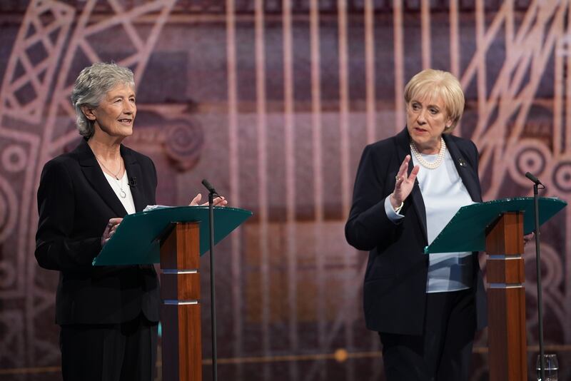 Independent candidate Catherine Connolly (left) and Fine Gael candidate Heather Humphreys take part in the final debate of the Irish presidential election campaign. Photograph: Niall Carson/PA Wire