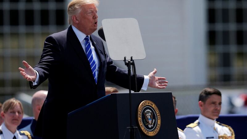 President Donald Trump delivers the commencement address at the US Coast Guard Academy,  May 17th. Photograph: Reuters