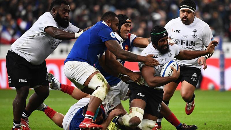 Fiji captain Dominiko Waqaniburotu carries during his side’s famous win over France last November. Photograph: Anne-Christine Poujoulat/AFP/Getty