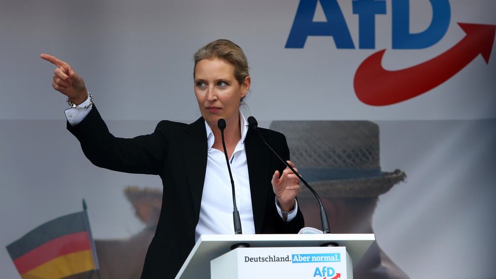 Alice Weidel, AfD co-lead candidate: faced whistles, boos and catcalls from left-wing protesters, who she accused of of ‘absolute Stalinism’, at a rally on Tuesday. Photograph: Adam Berry/Getty Images
