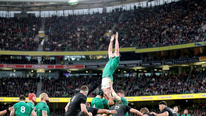 James Ryan towers into the sky to claim an Irish lineout against New Zealand. Photograph: Bryan Keane/Inpho