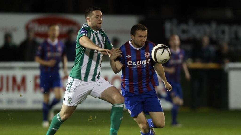 Bray’s Conor Early challenges Conan Byrne at the Carlisle Grounds. Photograph: Donall Farmer/Inpho